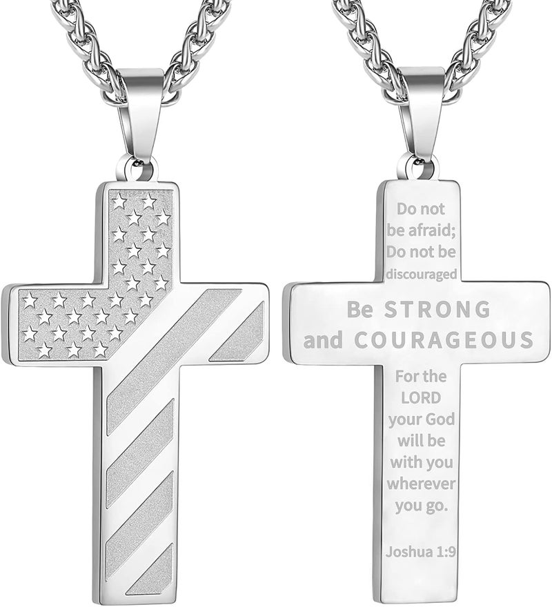 DuoDiner Valentines Day Gifts for Him -18+2 Inch Cross Necklace Bible Verse Stainless Steel American Flag Pendant Chain for Men Boys Cross Jewelry Gift - Image 1